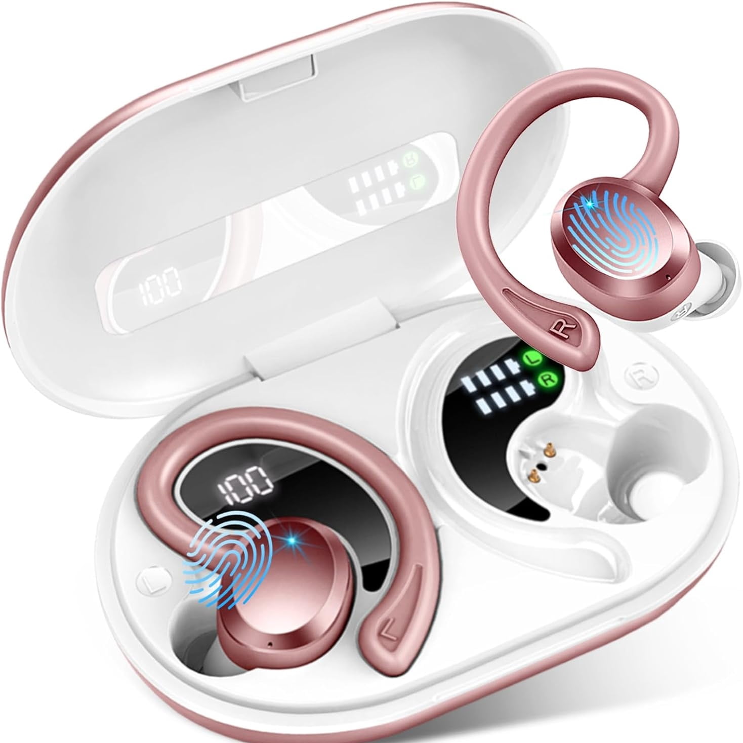 Wireless Earbuds Hi-Fi Bass Stereo 56H Noise Cancelling IPX7 Waterproof Sport Earphones with Earhook-Rose Gold