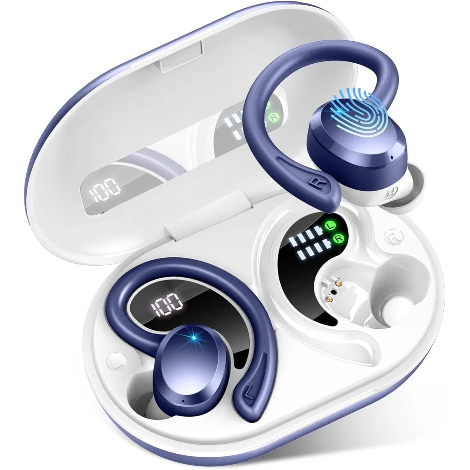 Wireless Earbuds Hi-Fi Bass Stereo 56H Noise Cancelling IPX7 Waterproof Sport Earphones with Earhook-Royal Blue