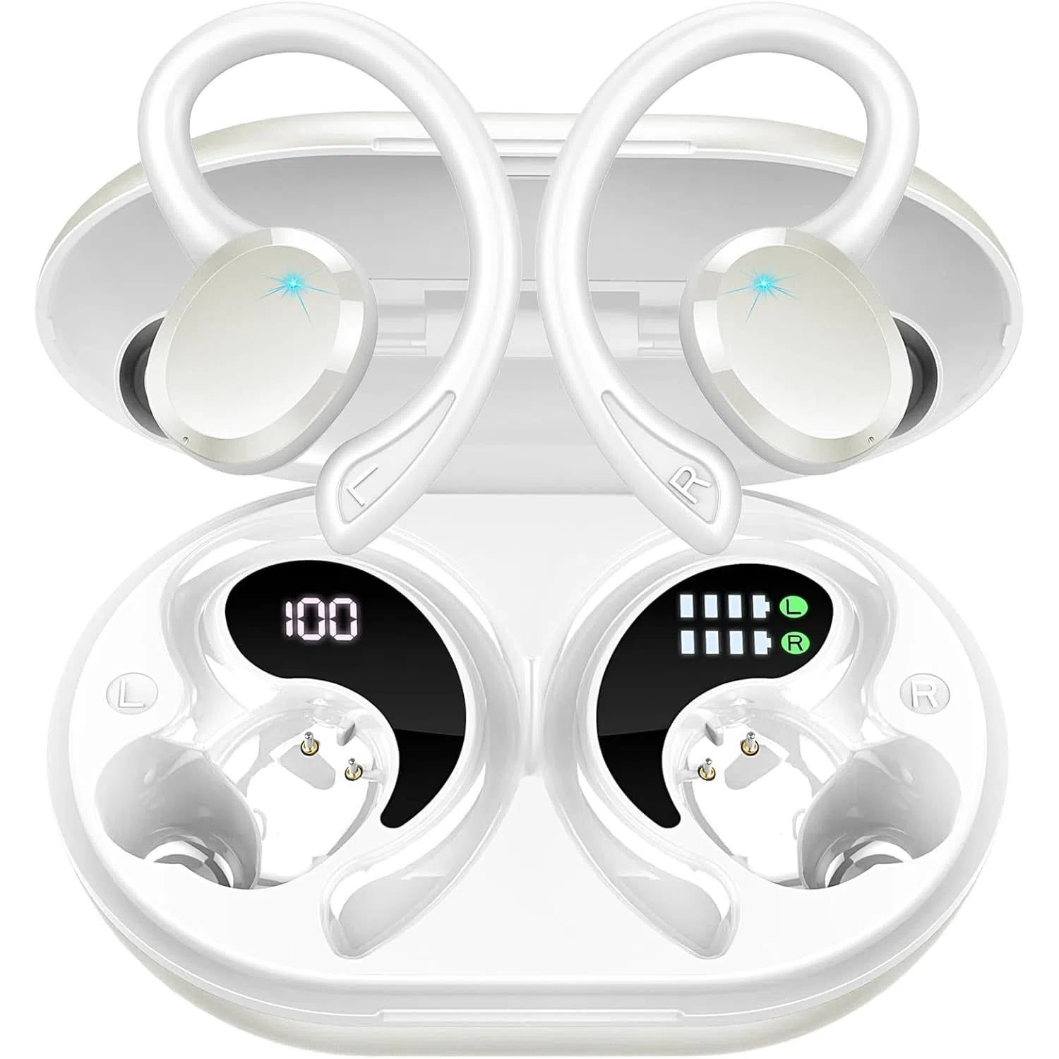 Wireless Earbuds Hi-Fi Bass Stereo 56H Noise Cancelling IPX7 Waterproof Sport Earphones with Earhook-White