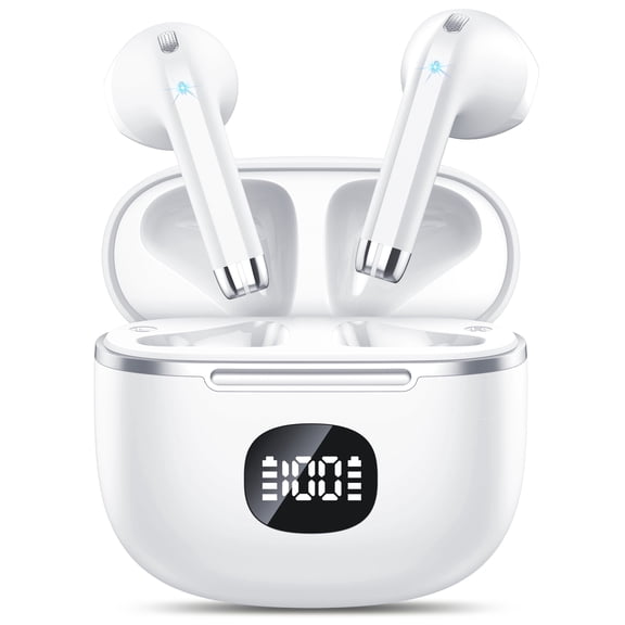 Wireless Earbuds Bluetooth Headphone 60H Deep Bass Loud Sound with 4 Mic Clear Call Ear Buds Noise Cancelling IP7 in-Ear Headphones with Wireless Charging Case Compatible for iPhone Android, White