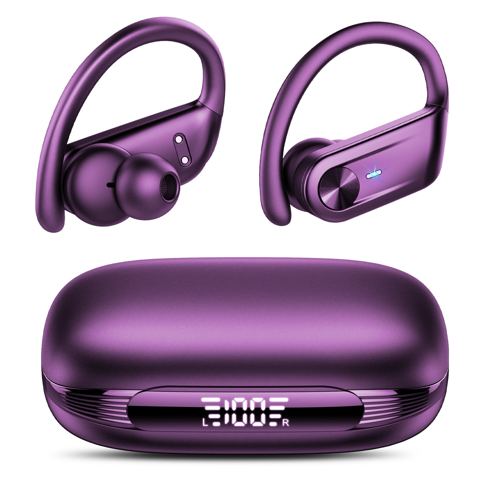 Wireless Earbuds Bluetooth Headphone, Bluetooth 5.4 Earbud, 80Hrs Playtime with LED Charging Case, 4 ENC Noise Cancelling Mic, Deep Bass Ear Buds with Earhook, IPX7 Waterproof Headphones Purple