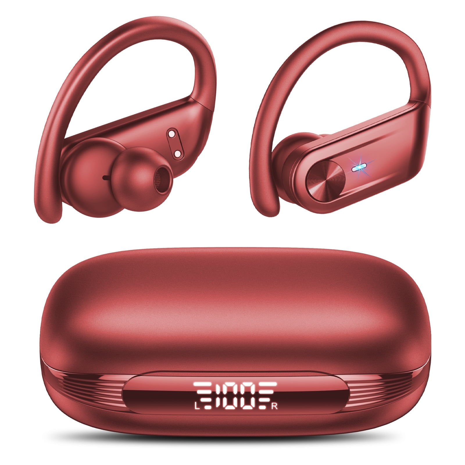 Wireless Earbuds Bluetooth Headphone, Bluetooth 5.4 Earbud, 80Hrs Playtime with LED Charging Case, 4 ENC Noise Cancelling Mic, Deep Bass Ear Buds with Earhook, IPX7 Waterproof Headphone for Sport Red