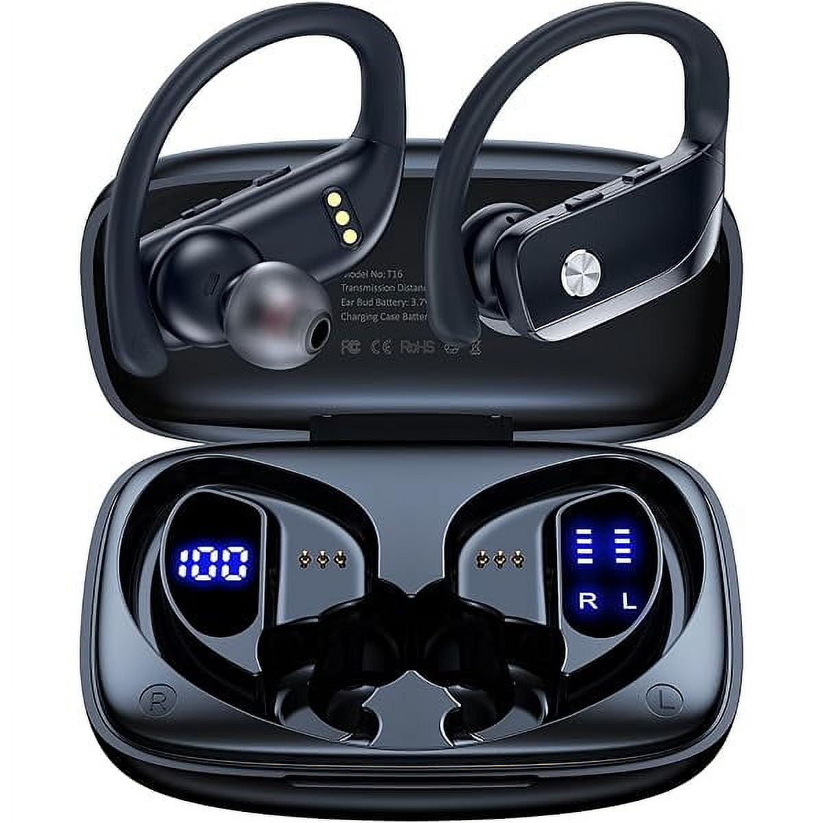 Wireless Earbuds Bluetooth Headphones 48hrs Play Back Sport Earphones with LED Display Over-Ear Buds with Earhooks Built-in Mic Headset for Workout Black