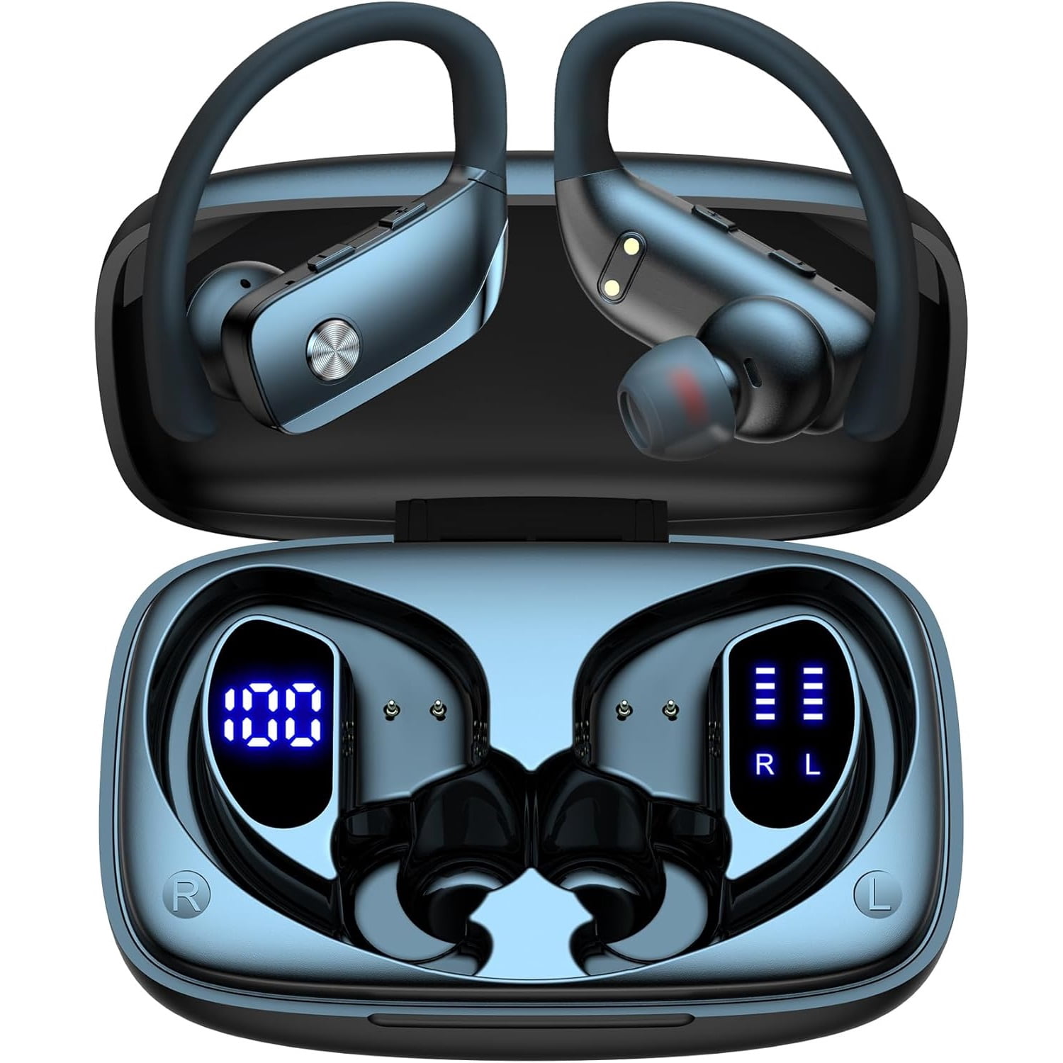 Ear Buds Wireless Earbuds Bluetooth Headphones with 80H Playtime LED Display Case, Over-Ear Hook with Mic, Stereo Sound, Easy Button Controls, Sports Earphones for Running Workout Gym