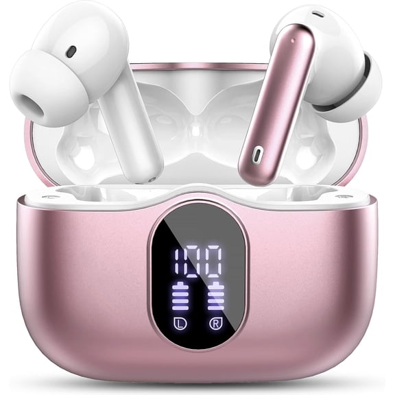 Wireless Earbuds, Bluetooth 5.4 Headphones Bass Stereo, Ear Buds with Noise Cancelling Mic, LED Display in Ear Earphones Clear Calls, IP7 Waterproof Bluetooth Earbuds for Laptop/Phones, Rose Gold