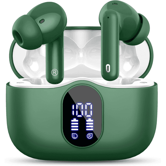 Wireless Earbuds, Bluetooth Headphones 5.4 HiFi Stereo, Wireless Earphones with ENC Noise Cancelling Mic, IP7 Waterproof in Ear Wireless Headphones, LED Digital Display Ear Buds, Touch Control, green