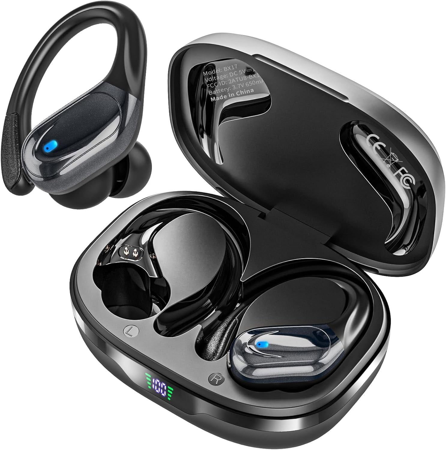 Wireless Earbuds Bluetooth Headphones 80H Playback Ear Buds Power Display with Noise Canceling Mic with Earhooks for Sports/Workout - Black