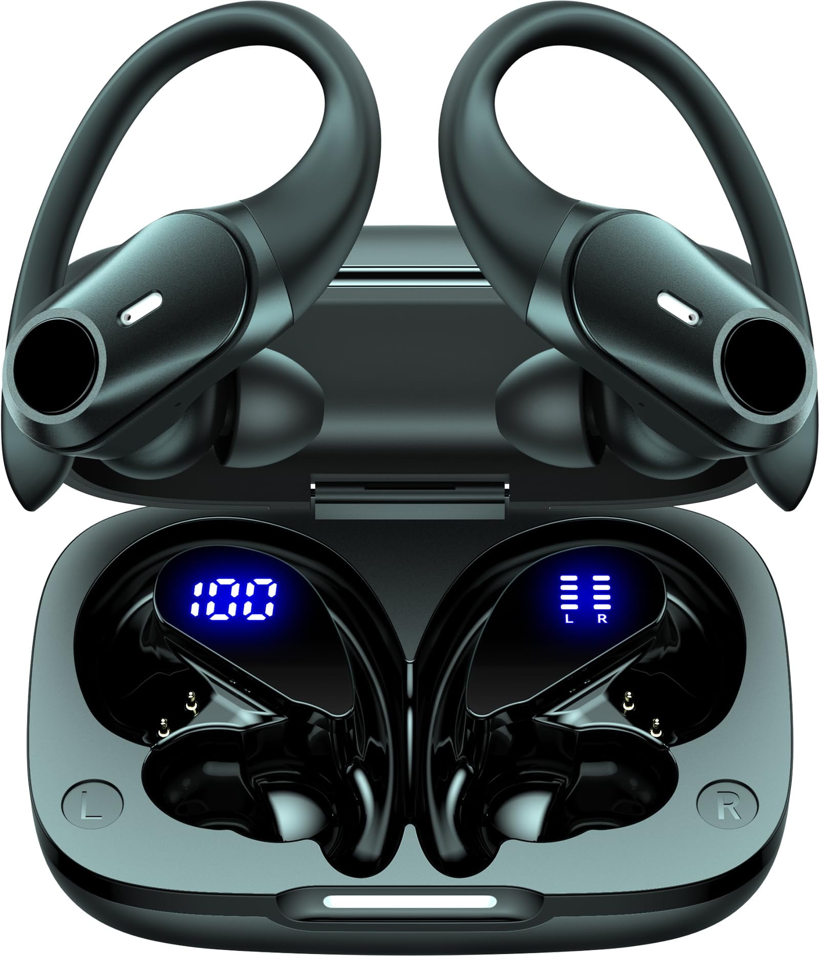 Wireless Earbuds Bluetooth Headphones 80H Playtime Ear Buds with Wireless Charging Case & Dual LED Power Display Over-Ear Earphones with Earhooks for Sports Running Workout Black Helen's Store