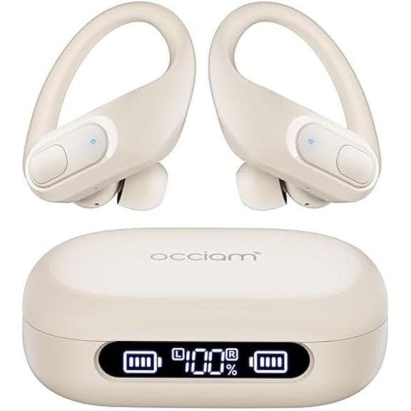Wireless Earbuds Bluetooth Headphones 96Hrs Playback Sport Ear Buds with Earhooks Microphone in-Ear Earphones Stereo Sound for Laptop Pad Phones Workout Running Exercise Gym (Ivory, M)