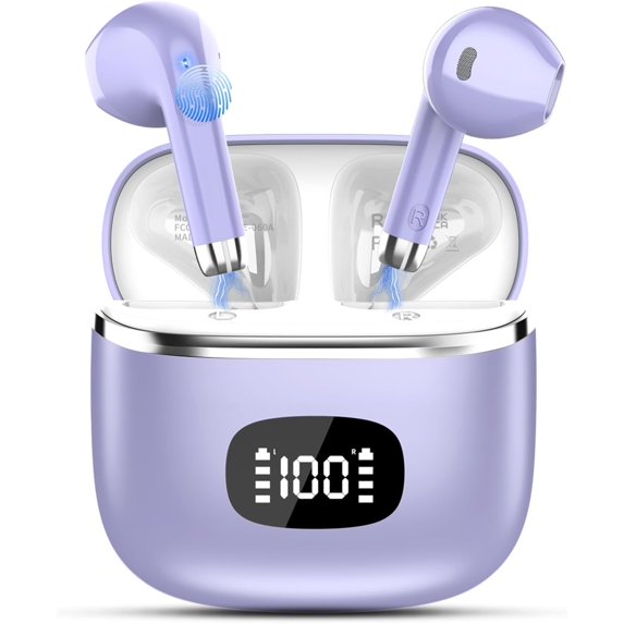 Wireless Earbuds Bluetooth Headphones Bluetooth 5.3 with HiFi Stereo Deep Bass, Ear buds Noise Cancelling with 4 ENC Mic, Dual LED Display, 40H Playtime Earphones for Computer Laptop Pad Phone,Purple