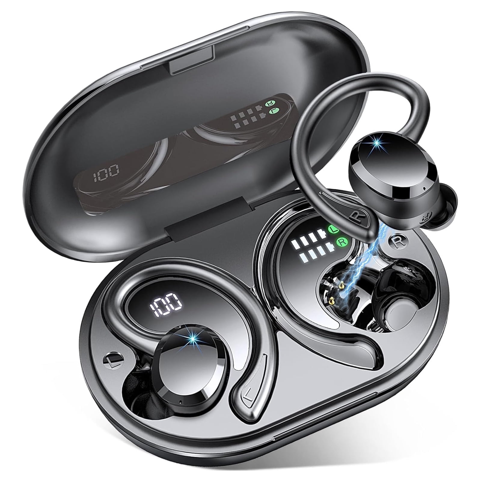 ETEPEHI Wireless Earbuds - Bluetooth Headphones 5.3 Stereo over Ear Buds with Earhooks, ENC Noise Cancelling Mic, IP7 Waterproof Earphone for Workout/Running, Black