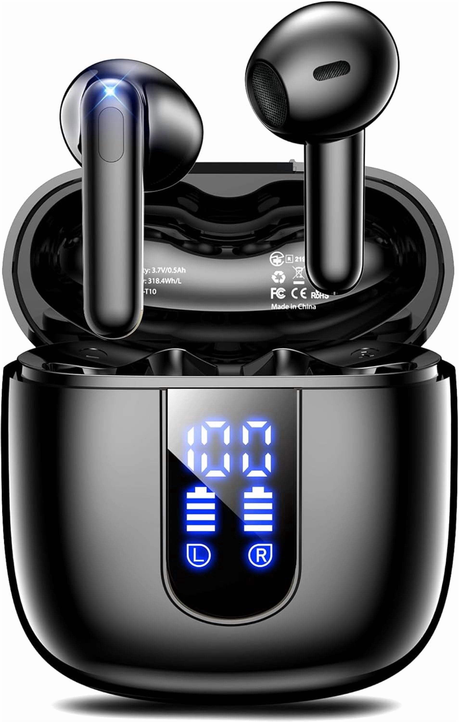 Wireless Earbuds, Bluetooth Headphones with Deep Bass Stereo, 48H Playback Ear Buds LED Power Display, Lightweight, IPX7, in-Ear Earphones Mic for iPhone/Android/iPad, Black