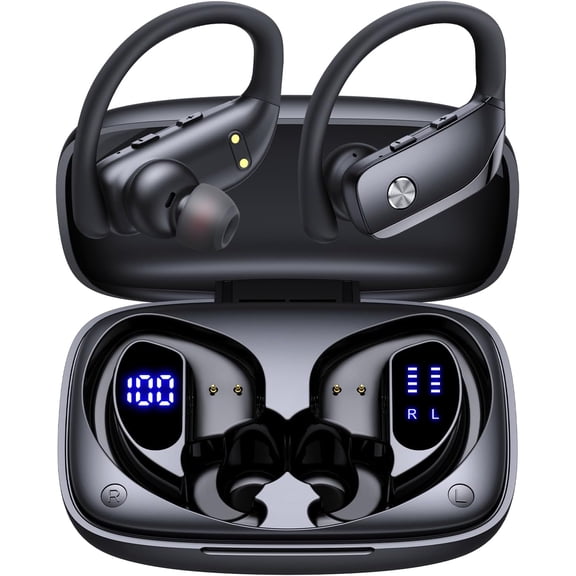 Wireless Earbuds Bluetooth Headphones Over Ear Hooks Ear Buds with 80H Playtime, LED Power Display, Dual Mic Clear Calls, Sports Wireless Ear Buds Bluetooth Earbuds for Running Gym Workout Black