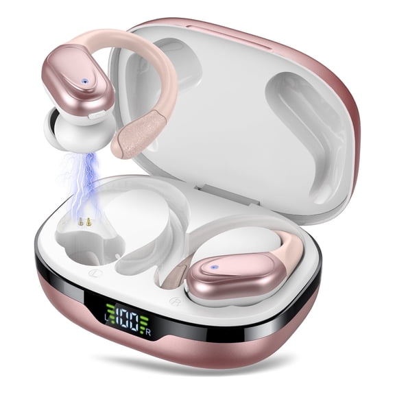 Wireless Earbuds Bluetooth Headphones with Earhooks, 60H Playtime LED Display, Deep Bass Over Ear Buds, IPX7 Waterproof Sport Earphones Built-in Mic for iPhone Android Running Gym, Rose Pink