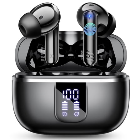 Wireless Bluetooth Earbuds, Noise Cancelling Headphones with Deep Bass Stereo, 38H Playtime, LED Display, Waterproof in Ear Buds Earphone with Mic for iPhone Android Sports Workout, Black
