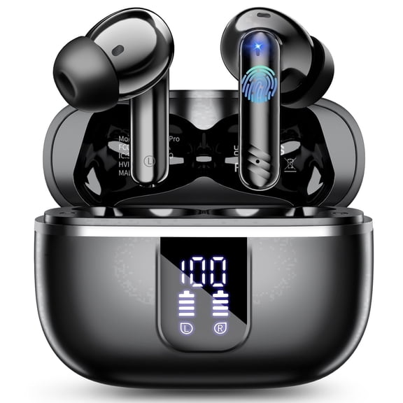 Wireless Earbuds Bluetooth Noise Cancelling Ear Buds for iPhone Android Sports Workout, 46H Playtime, Microphone Deep Bass Stereo, LED Display, Waterproof in Ear Earphone, Black