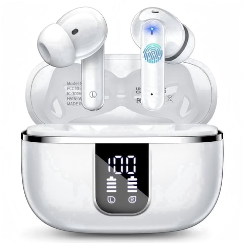 Wireless Earbuds Bluetooth Noise Cancelling Ear Buds for iPhone Android Sports Workout, 46H Playtime, Microphone Deep Bass Stereo, LED Display, Waterproof in Ear Earphone, White