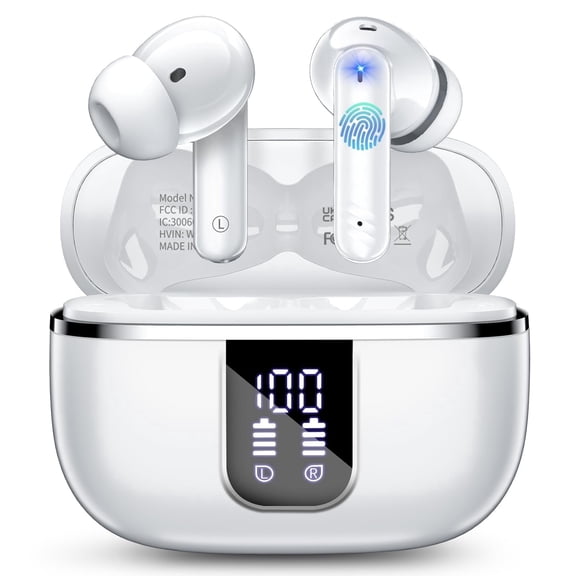 Wireless Earbuds Bluetooth Noise Cancelling Ear Buds for iPhone Android Sports Workout, 38H Playtime, Microphone Deep Bass Stereo, LED Display, Waterproof in Ear Earphone, White