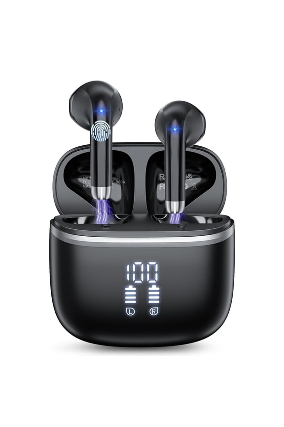 Wireless Bluetooth Earbuds Noise Cancelling in Ear Buds Deep Bass Stereo, 50H Playtime with Mics, IPX7 Waterproof Earphones for iphone Android, Black