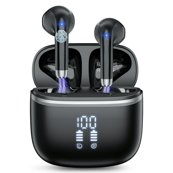 Wireless Bluetooth Earbuds Noise Cancelling in Ear Buds Deep Bass Stereo, 50H Playtime with Mics, LED Display, IPX7 Waterproof USB-C Earphones for iphone Android Laptop, Black