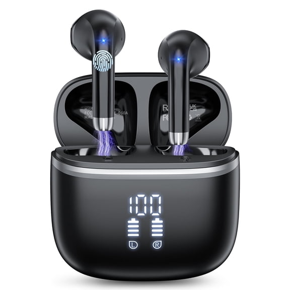 Wireless Bluetooth Earbuds Noise Cancelling in Ear Buds Deep Bass Stereo, 50H Playtime with Mics, LED Display, IPX7 Waterproof Earphones for iphone Android Laptop, Black