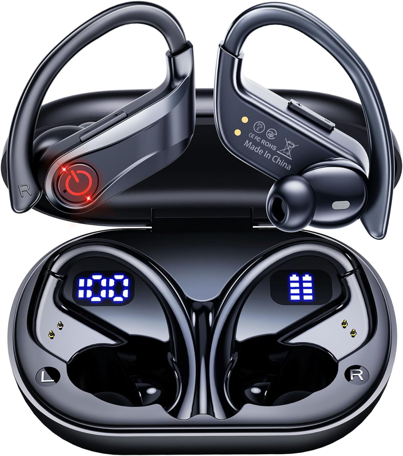 Wireless Earbuds Bluetooth Headphones Sports Over-Ear Bluetooth 5.3 Ear Buds with Earhooks 120H Playtime Wireless Headphones for Workout Waterproof Bluetooth LED Power Display