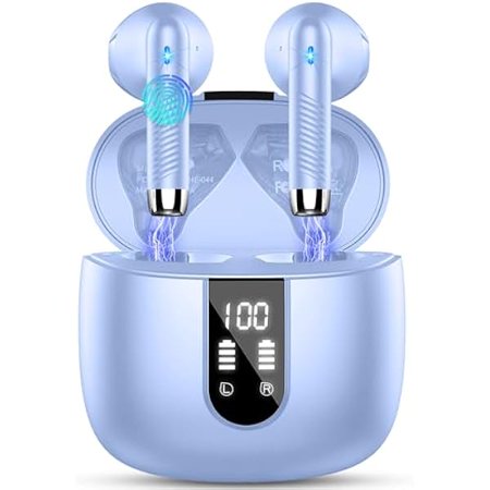 Wireless Earbuds, Bluetooth Headphones V5.4 Stereo Bass Ear buds with ENC Noise Cancelling Mics, 40H Bluetooth Earbuds with LED Display Charging Case, IP7 Waterproof Earphones for Android iOS, Purple