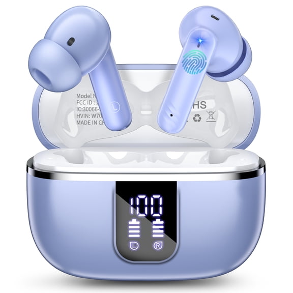 Wireless Earbuds Bluetooth Noise Cancelling Ear Buds for iPhone Android Sports Workout, 46H Playtime, Microphone Deep Bass Stereo, LED Display, Waterproof in Ear Earphone, Light Blue