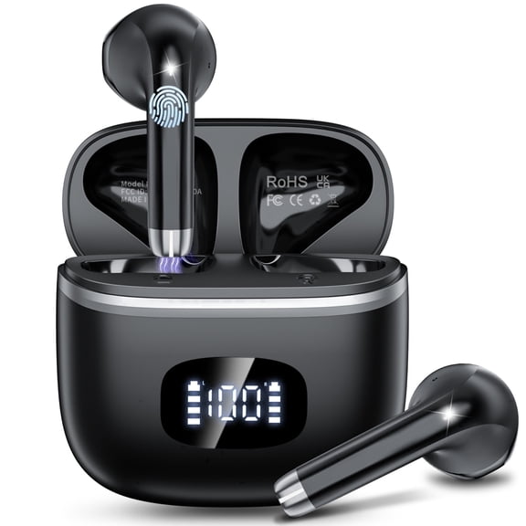 Wireless Earbuds Bluetooth 5.4 Noise Cancelling for iPhone Android with 4 ENC Mic, Dual LED Display, 50H Playtime IPX7 Waterproof In Ear Headphones, Black