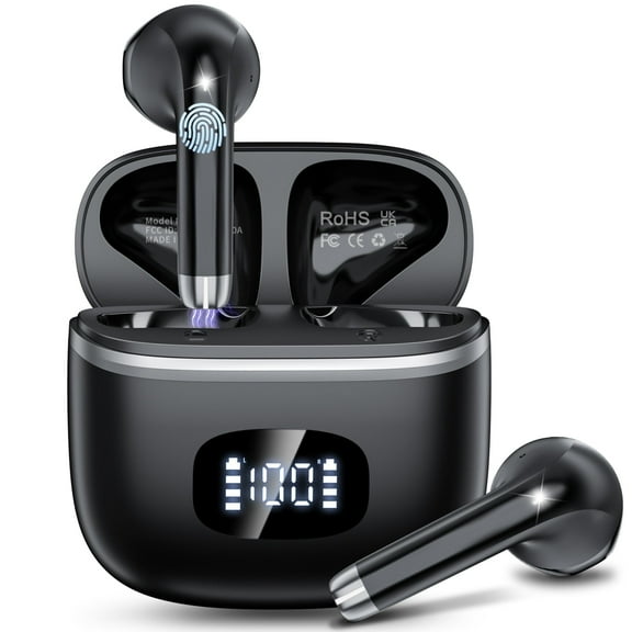 Wireless Earbuds Bluetooth Noise Cancelling for iPhone Android with 4 ENC Mic, Dual LED Display, 50H Playtime IPX7 Waterproof In Ear Headphones, Black