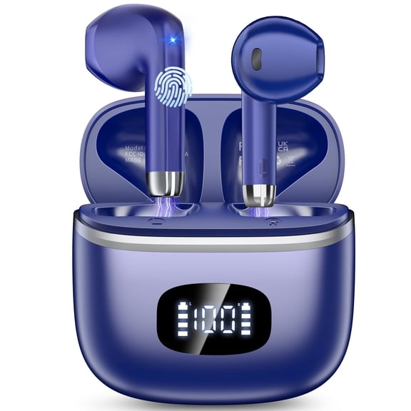 Wireless Earbuds Bluetooth Noise Cancelling for iPhone Android with  4 ENC Mic, Dual LED Display, 50H Playtime IPX7 Waterproof In Ear Headphones, Blue