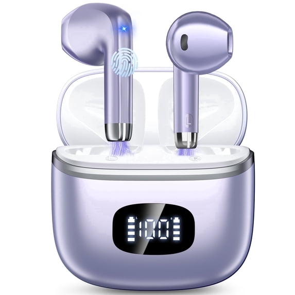 Wireless Earbuds Bluetooth 5.4 Noise Cancelling for iPhone Android with 4 ENC Mic, Dual LED Display, 50H Playtime IPX7 Waterproof In Ear Headphones, Purple