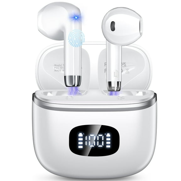 Wireless Earbuds Bluetooth Noise Cancelling for iPhone Android with  4 ENC Mic, Dual LED Display, 50H Playtime IPX7 Waterproof In Ear Headphones, White