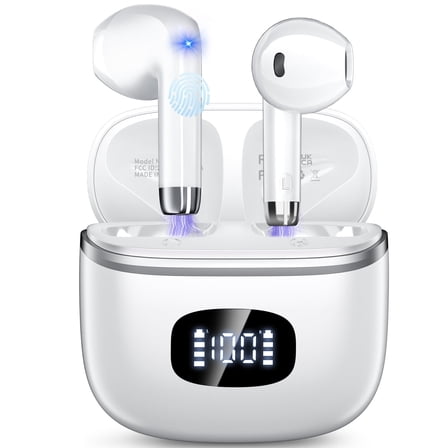 Wireless Earbuds Bluetooth Noise Cancelling for iPhone Android with  4 ENC Mic, Dual LED Display, 50H Playtime IPX7 Waterproof In Ear Headphones, White