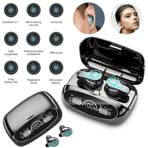 Wireless Earbuds Bluetooth, Stereo Ear Buds with LED Power Display Charging Case, IPX7 Waterproof Earphones, Immersive Sound, Long-Distance Connection Headset for Travel, Sport, and Work