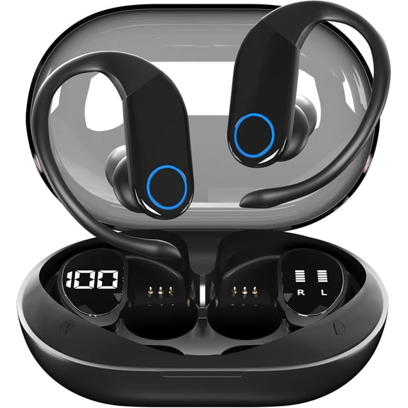 Wireless Earbuds with Charging Case,Bluetooth 5.3 Headphones Digital Display 48 Hrs Playtime Sports Ear Buds with Earhook Deep Bass IPX6 Waterproof Earphones for TV Phone Laptop - Black