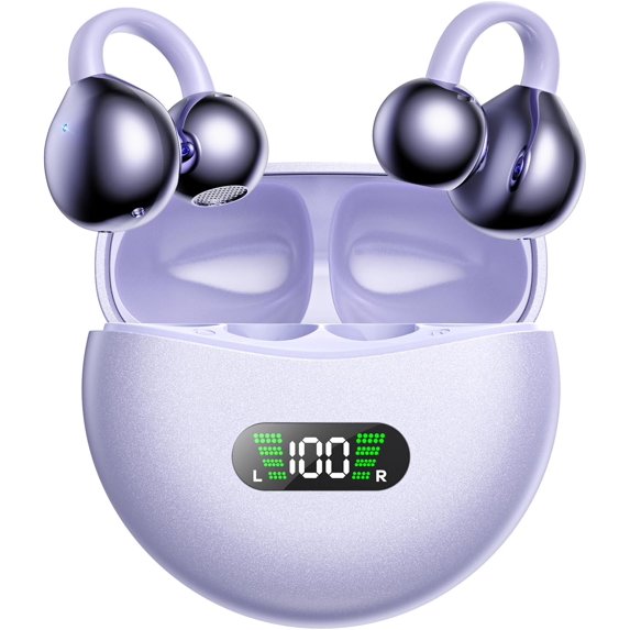 Wireless Earbuds Open Ear Clip On Headphones with LED Digital Display Charging Case Touch Control Bluetooth 5.4 Air Conduction Sport Earphones for Running Fitness, Medium Purple
