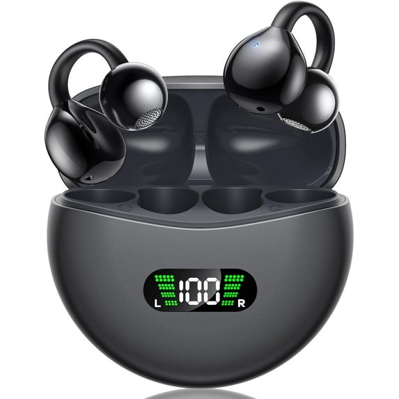 Wireless Earbuds Open Ear Clip On Headphones with LED Digital Display Charging Case Touch Control Bluetooth 5.4 Air Conduction Sport Earphones for Running Fitness, Medium Purple