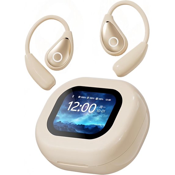 Wireless Earbuds with Touch Screen Charging Case, Open Ear Headphones,Sport Earbuds Bluetooth 5.4, 16mm Diaphragm Hi-Fi Stereo Sound,IPX6 Waterproof Over Ear Ear Buds with EQ/Remote Photo,Off White