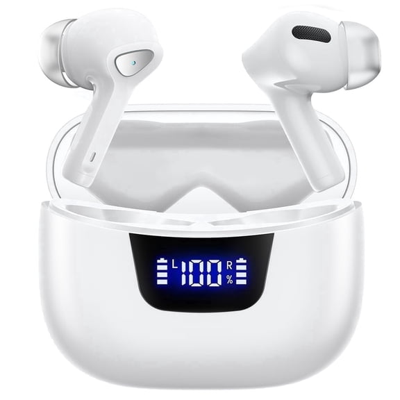 True Wireless Earbuds, Bluetooth Headphone with Smart LED Display Charging Case, White