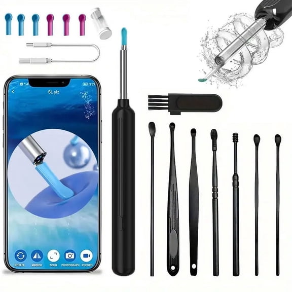 Wireless Earwax Removal Tool Kit with Camera - 1080P Otoscope Next Gen Ear Wax Removal Set with Led Light - Ear Wax Removal Compatible for iPhone iPad Android Smart Phone, Black