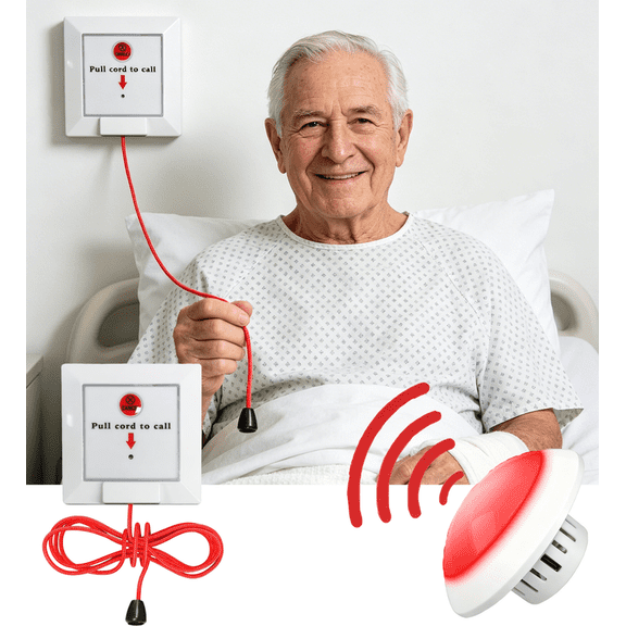 Wireless Elderly Pull Cord SOS Call Alarm System, Fall Alert Devices for Seniors, Long Range Caregiver Call Button for In-Home Care, Bedroom, Bathroom and Stairway Use
