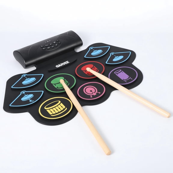 Wireless Electronic Drum Set, 9-Pad Portable Roll-Up Kit - Includes Kick Pedal & Drum Sticks, with Built-in Speaker, LED Lights, Recording for Kids & Beginners