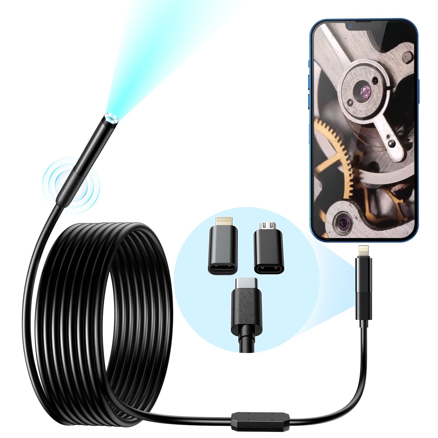Wireless Endoscope, 6 LED Lights Borescope Camera, 7.9mm 3 in 1 USB Snake  Camera, IP67 Inspection Camera for OTG Android, iPhone (10ft, Type-C,  Micro