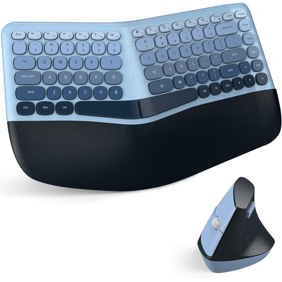 Wireless Ergonomic Keyboard & Mouse Combo Split Curved Keyboard with Wrist Rest (All-Day Comfort) + Wireless Vertical Ergonomic Optical Mouse, Compatible with PC/Laptop/Desktop- Blue Gradient
