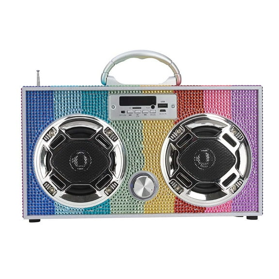 Wireless Express - Mini Boombox with LED Speakers Retro Bluetooth Speaker w/Enhanced FM Radio - Perfect for Home and Outdoor (Rainbow Bling)