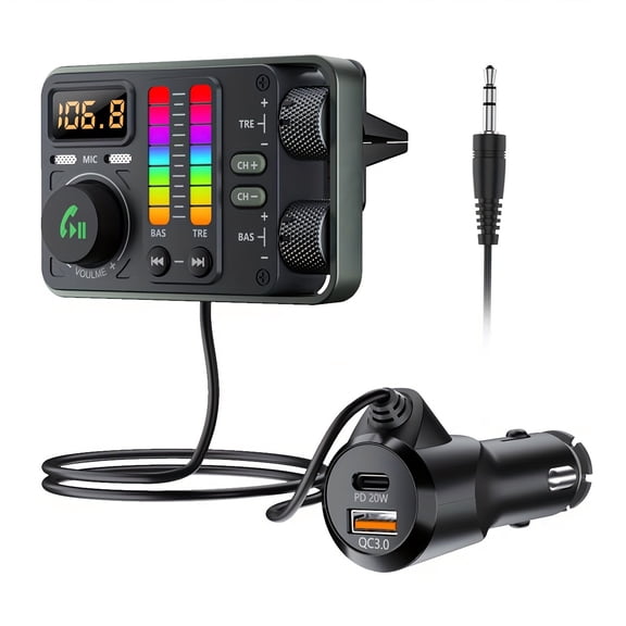 Wireless FM Transmitter AUX Audio Adapter Treble and Bass Adjustable Sound MP3 Player Type C PD 20W QC3.0 USB Fast Charging Car Charger Wireless Hands Free Call Car Kit Flash Drive Music Play