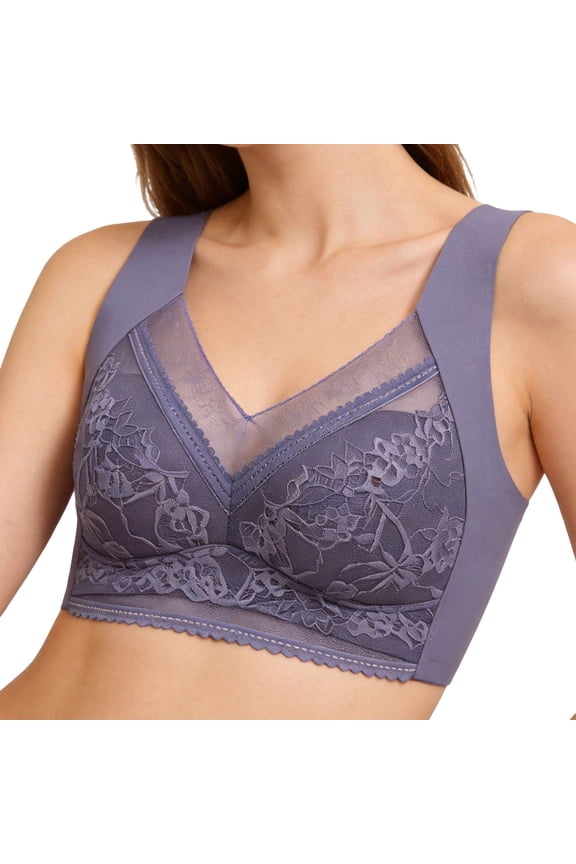 Wireless Floral Lace V Neck Bra Wide Seamless Strap Full Coverage Support Everyday Elegant for Women