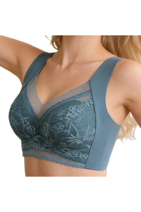 Wireless Floral Lace V Neck Bra Wide Seamless Strap Full Coverage Support Everyday Elegant for Women