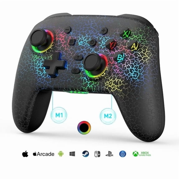 Wireless Game Controller for Switch/PS/PC/iOS/Android, Black Crack Shell with RGB Light, Programmable M1/M2 Buttons